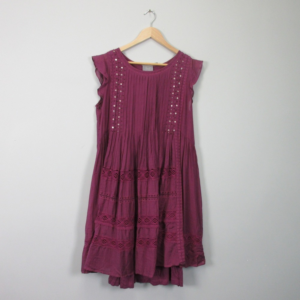Anthropologie Vanessa Virginia Mini Dress L Purple Cotton Lace Ruffle Boho 430